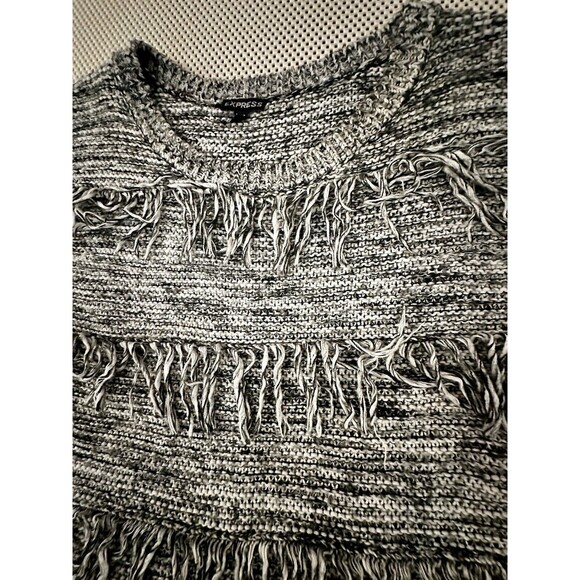 Express Womens Fringe Sweater Gray Tunic Size S Marled Chunky Knit Black White - Picture 6 of 16